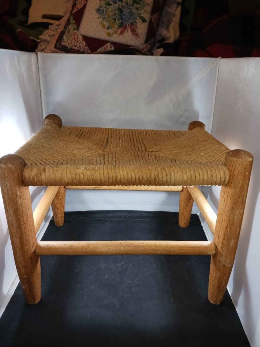 VTG Wood /Rush Top Foot Stool Rustic Farmhouse Boho